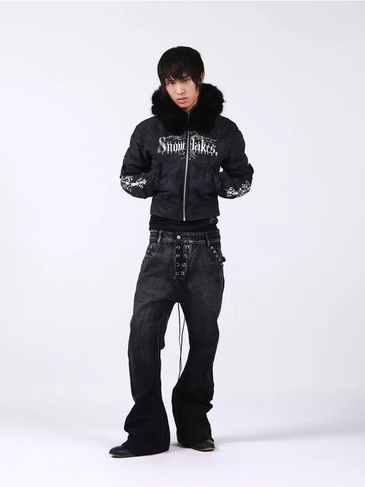 [DETW] Drawstring A-Line Stacked Design Heavy-Duty Washed Curved Jeans