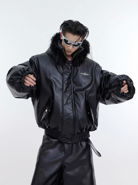 [ARGUE CULTURE] Heavy Design Hooded Short Faux Leather Jacket