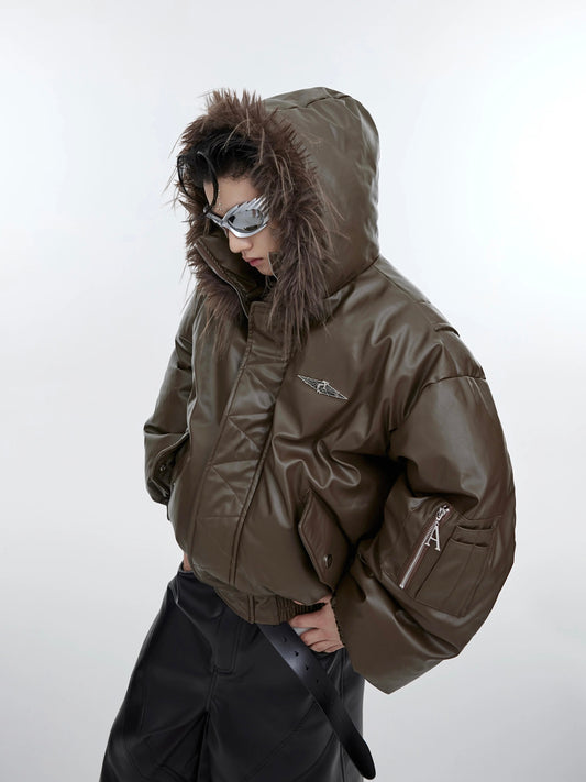 [ARGUE CULTURE] Heavy Design Hooded Short Faux Leather Jacket