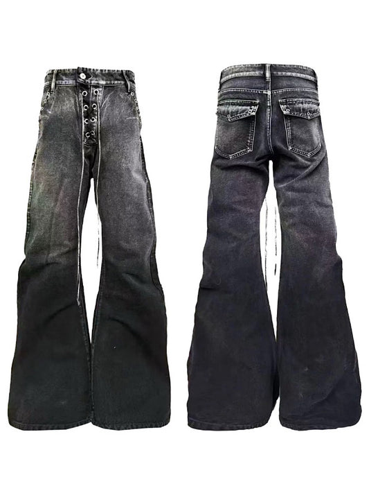 [DETW] Drawstring A-Line Stacked Design Heavy-Duty Washed Curved Jeans