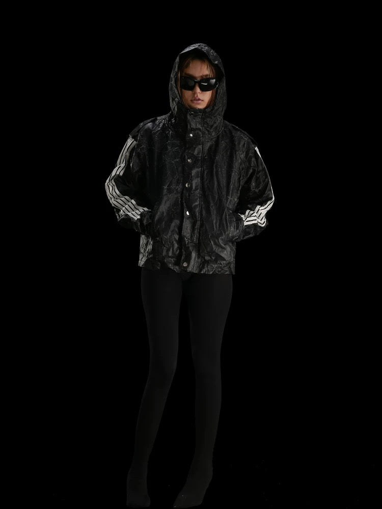 [99CLUB] Five Bar Pleated Cracked Faux Leather Jacket