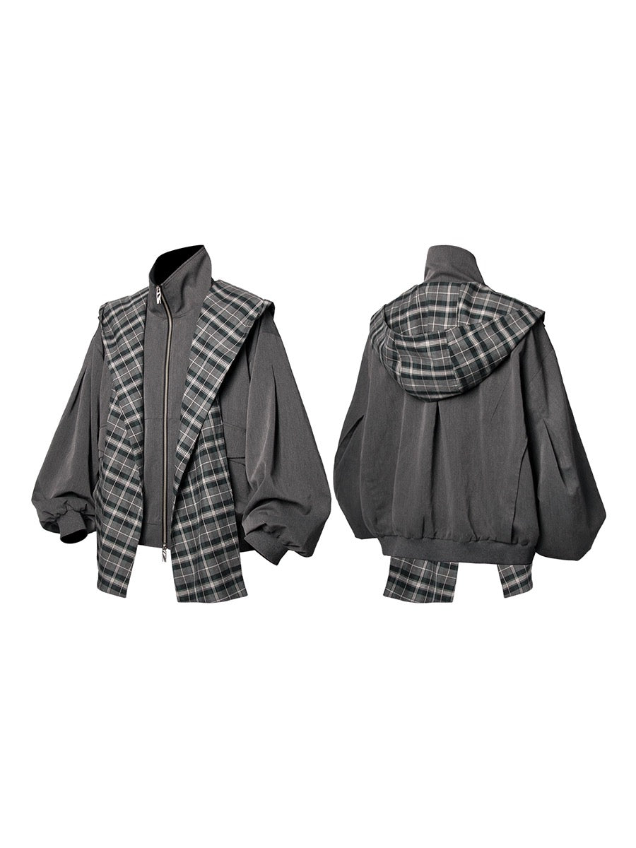 [RELABEL] Detachable Checked Hooded Draped Jacket