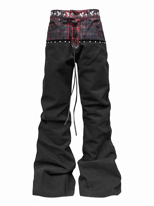 [DETW] Red Plaid Distressed Cut Waistband Slim Fit Jeans