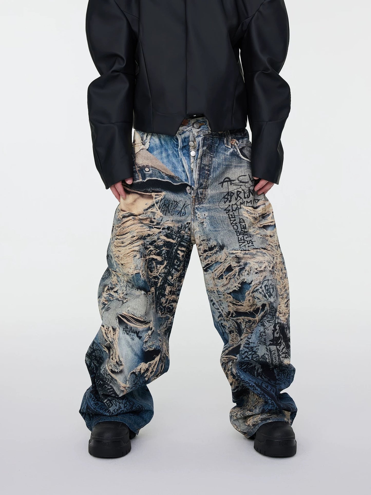 [ASTT Studio] Distressed Wide Loose Full Print Denim Pants
