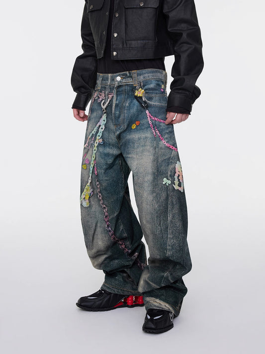 [ASTT Studio] Full Chain Print Baggy Denim Pants