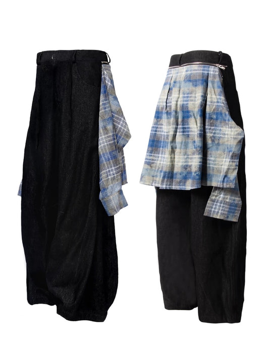 [RELABEL] Detachable Blue Checked Layered Jeans