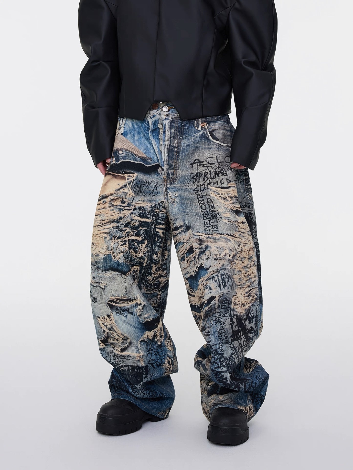 [ASTT Studio] Distressed Wide Loose Full Print Denim Pants