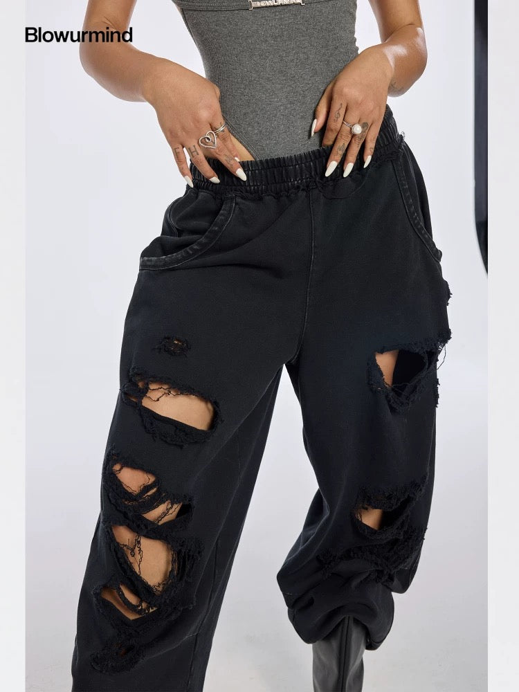 [BUM STUDIO] Hand-Ripped Loose Fitting Sweatpants