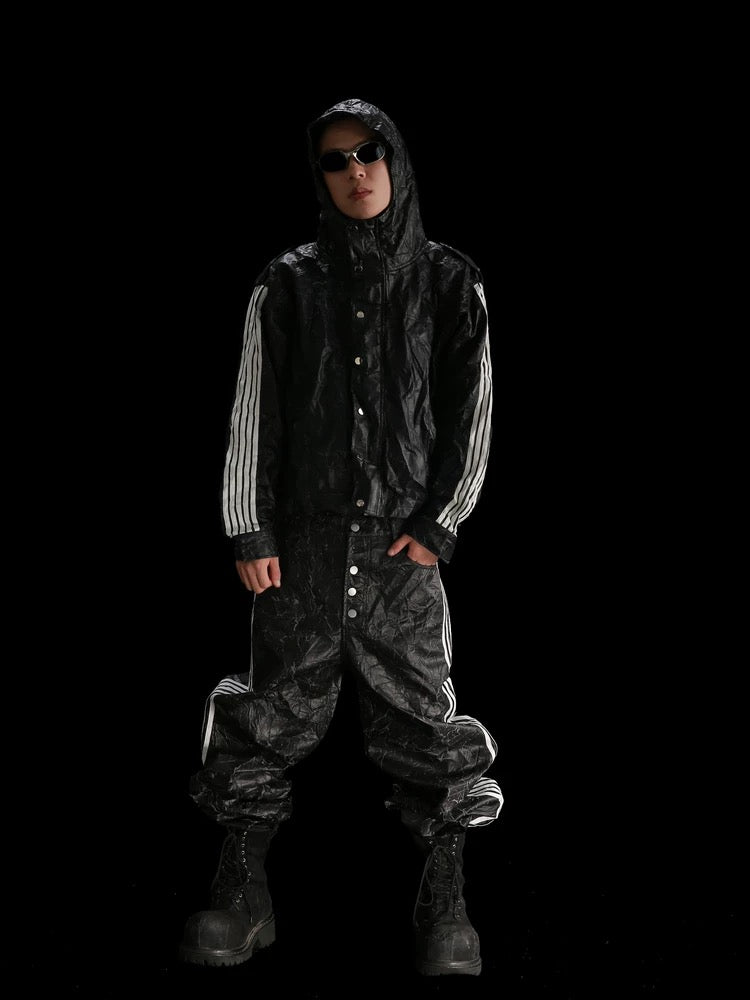 [99CLUB] Five Bar Pleated Cracked Faux Leather Jacket