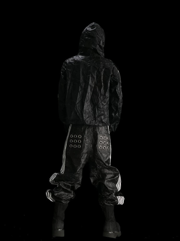 [99CLUB] Five Bar Pleated Cracked Faux Leather Jacket