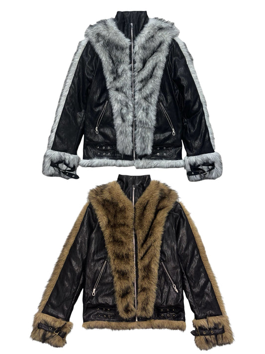 [PAIKI] Fur Cross Faux Leather Jacket 2 colour ways