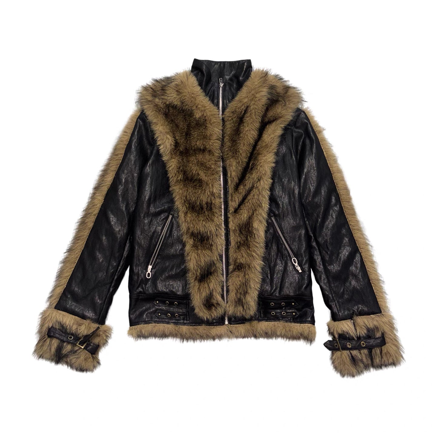 [PAIKI] Fur Cross Faux Leather Jacket 2 colour ways