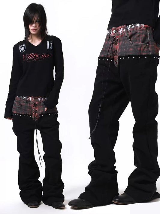 [DETW] Red Plaid Distressed Cut Waistband Slim Fit Jeans