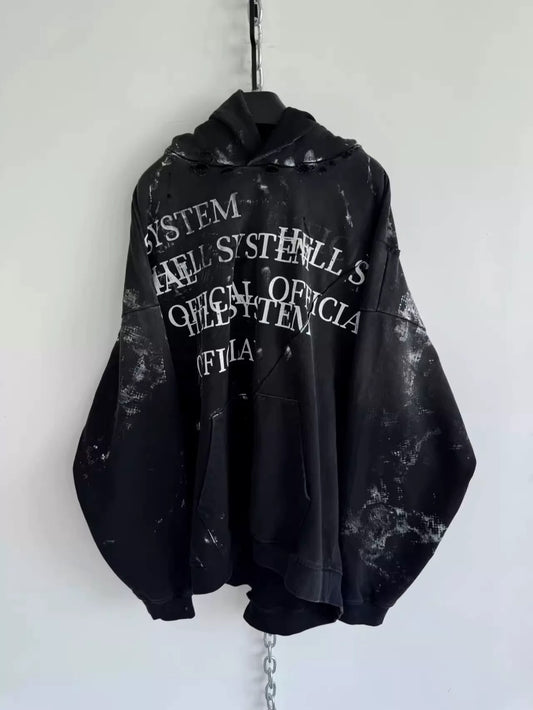 [Hell System] 450g Terry Distressed Cross Hoodie