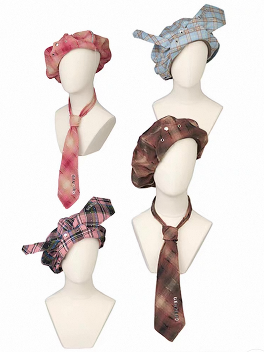[GENZERO] Zipper Cloud Beret Plaid Hat (With a Necktie)