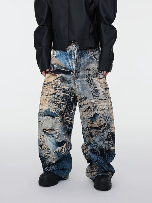 [ASTT Studio] Distressed Wide Loose Full Print Denim Pants