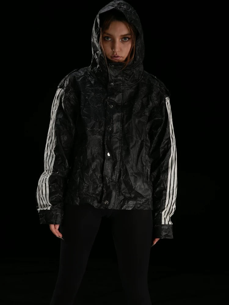 [99CLUB] Five Bar Pleated Cracked Faux Leather Jacket