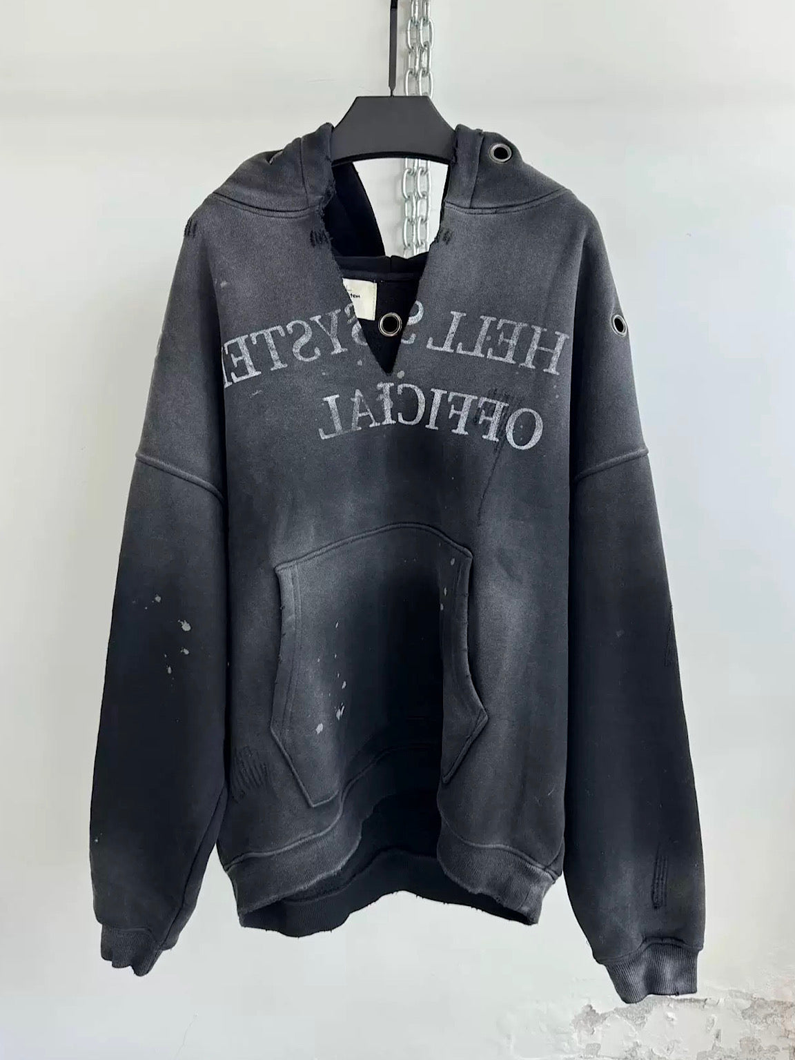 [Hell System] Washed and Distressed Slogan Hoodie