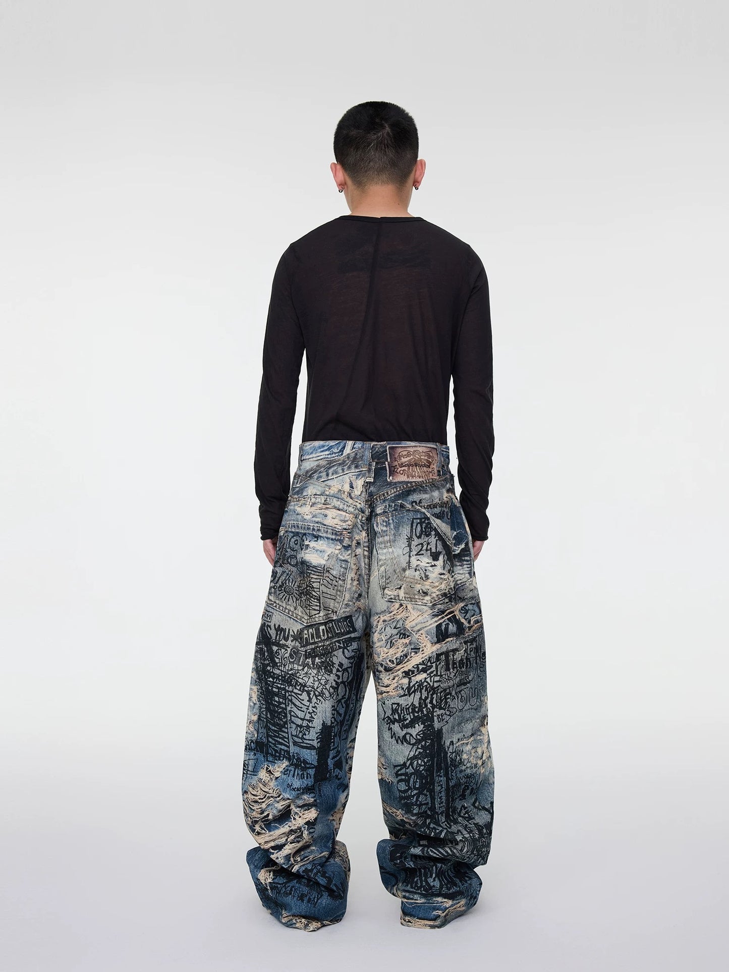 [ASTT Studio] Distressed Wide Loose Full Print Denim Pants
