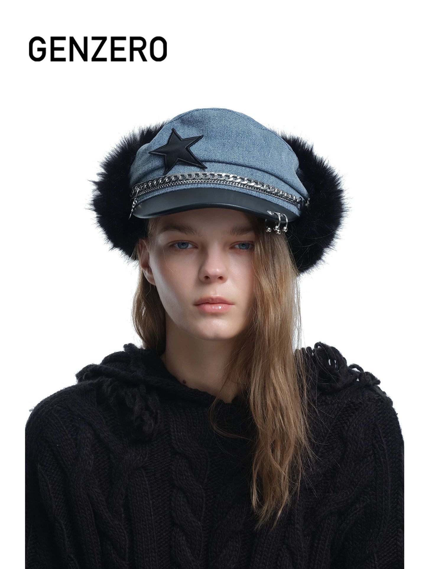 [GENZERO] Washed Denim Rivet Earmuff Hat