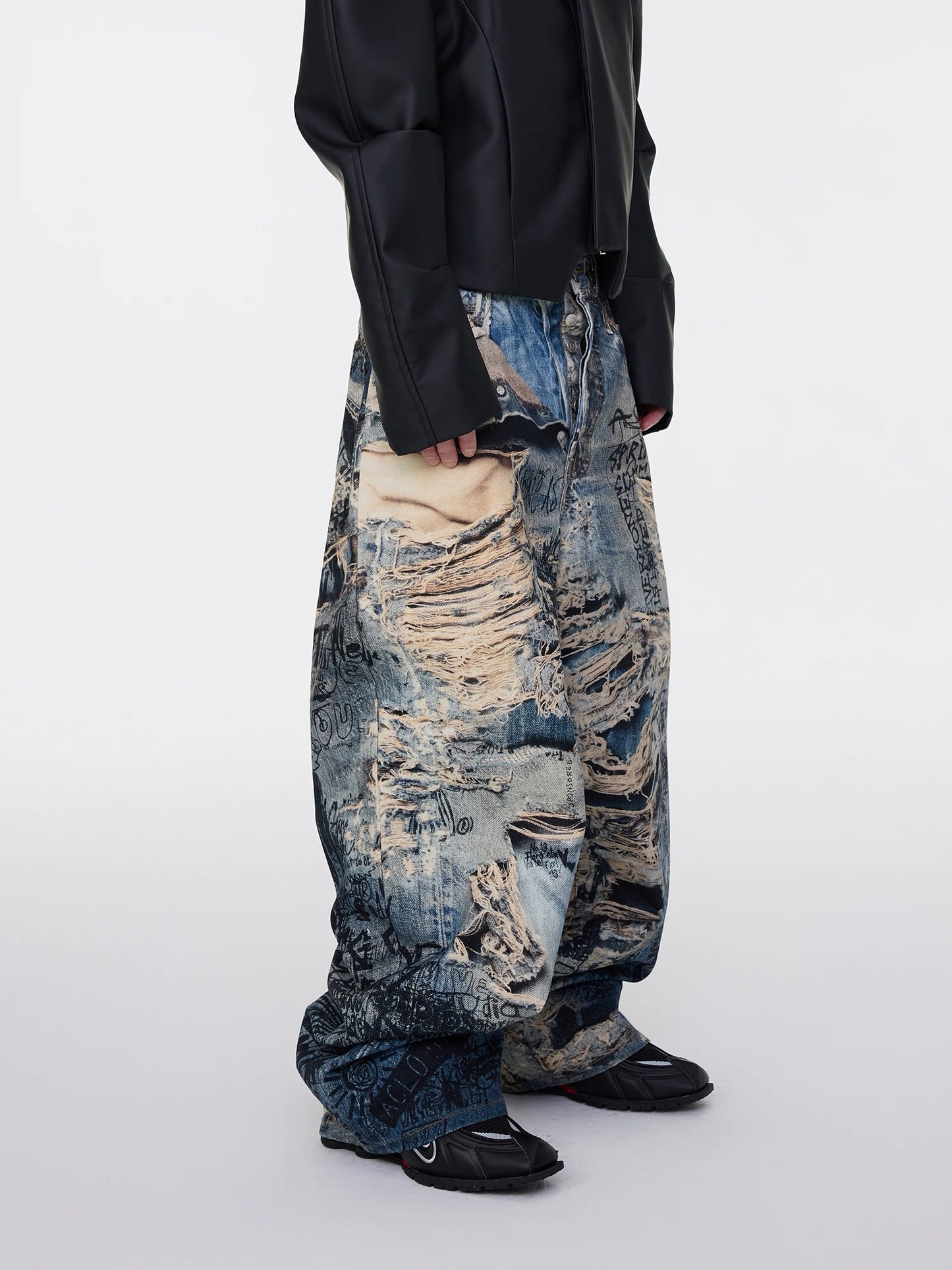 [ASTT Studio] Distressed Wide Loose Full Print Denim Pants