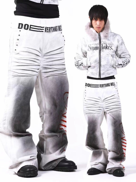 [DETW] 3D Pleated Washed 
Double-Waisted Baggy Jeans