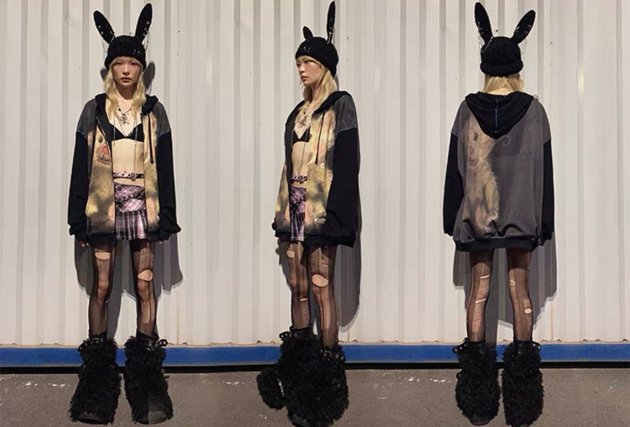 [CFIERCE] Bear Print Sweatshirt Jacket