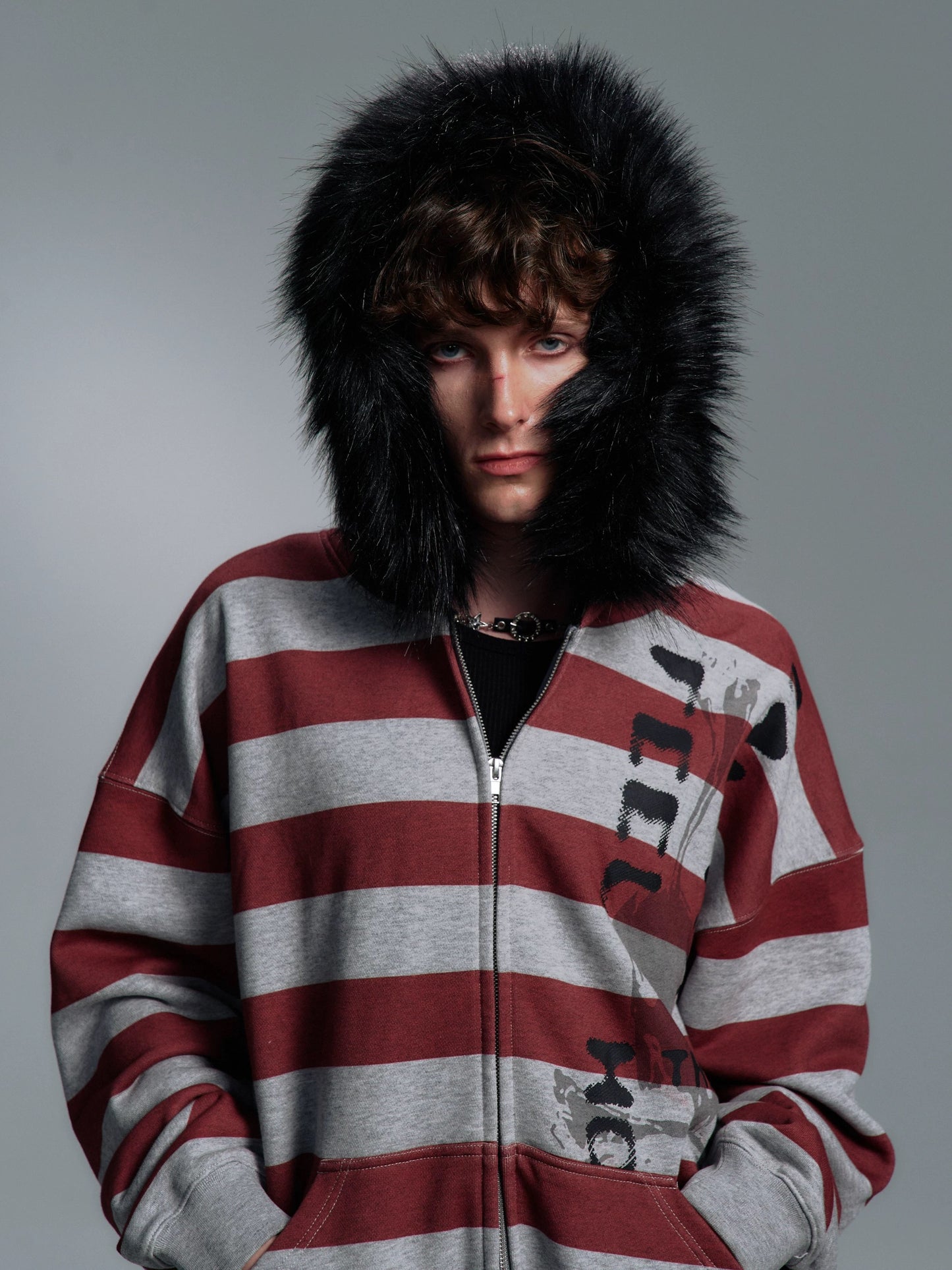 [PAIKI] Stripe Faux Fur Hooded Jacket