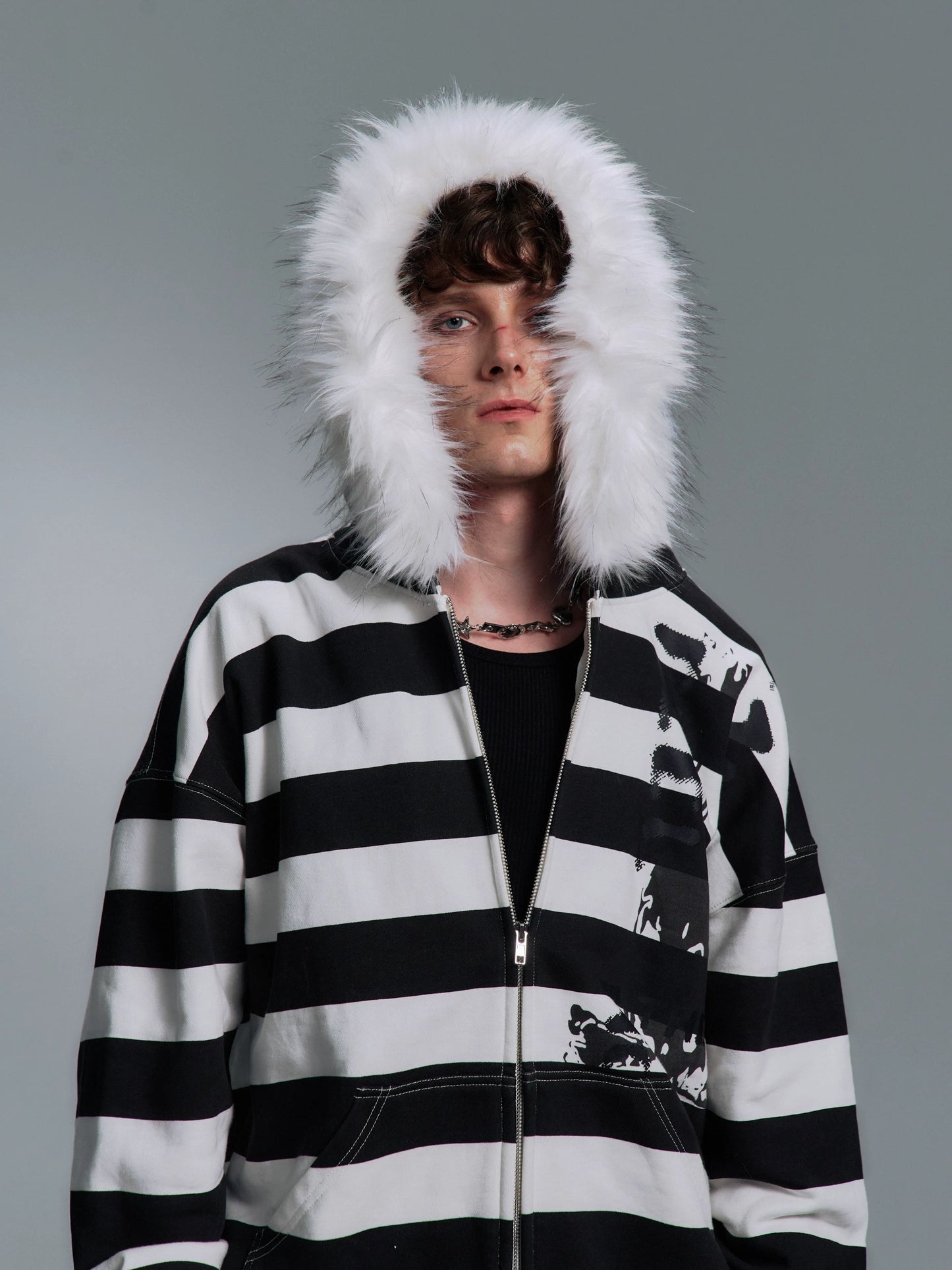 [PAIKI] Stripe Faux Fur Hooded Jacket