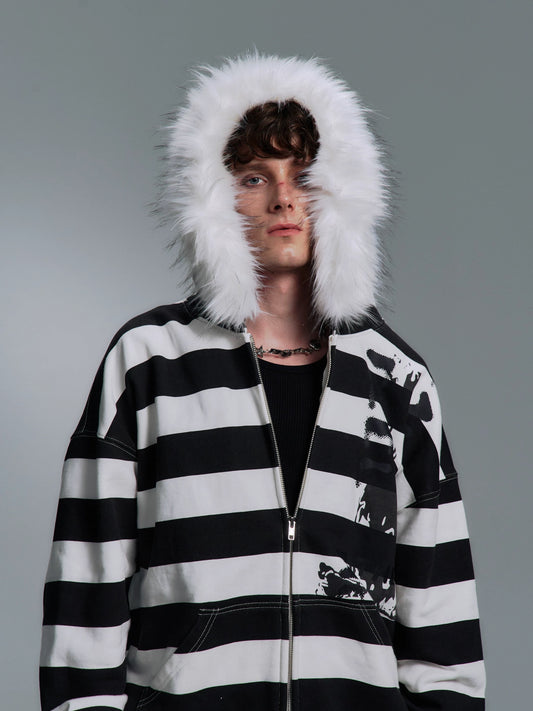 [PAIKI] Stripe Faux Fur Hooded Jacket