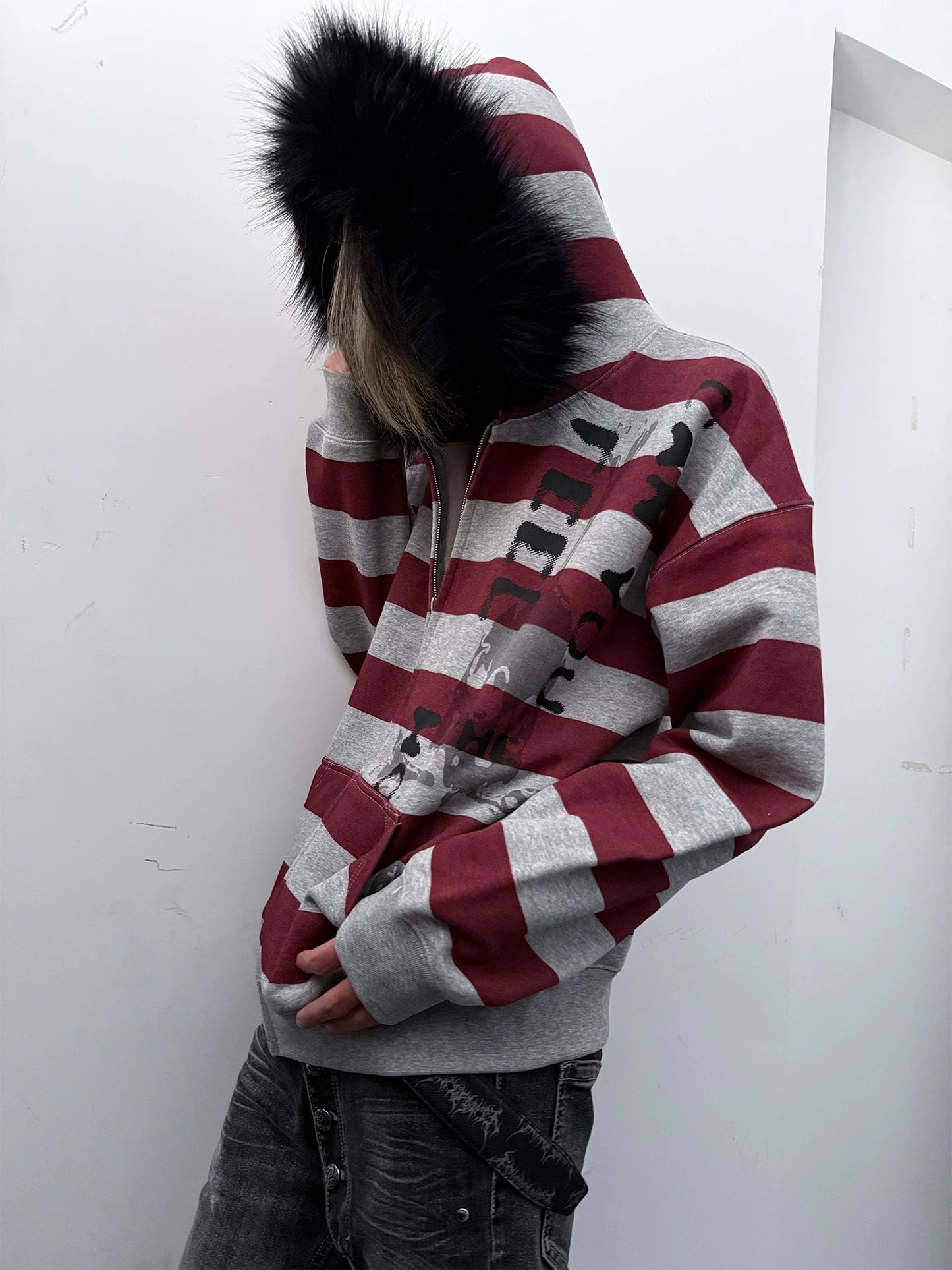 [PAIKI] Stripe Faux Fur Hooded Jacket