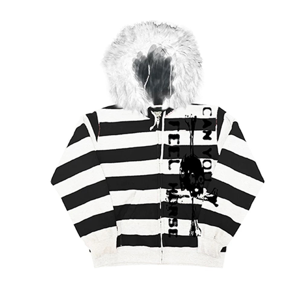 [PAIKI] Stripe Faux Fur Hooded Jacket