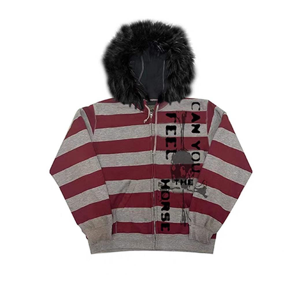 [PAIKI] Stripe Faux Fur Hooded Jacket