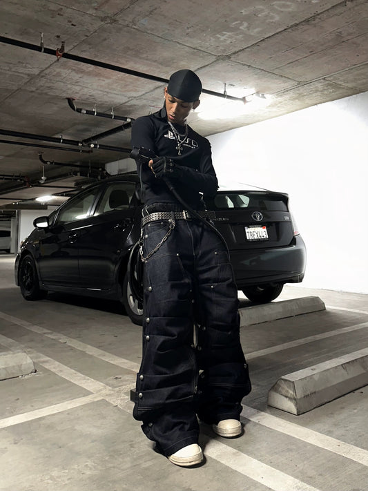 [RYE CHASIN] Antique Silver Rivets Denim Trousers