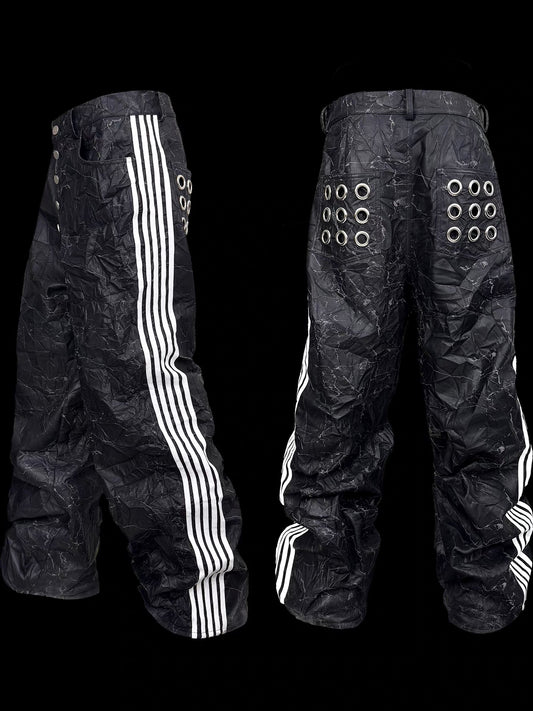 [99CLUB] Five Bar Pleated Cracked Faux Leather Pants