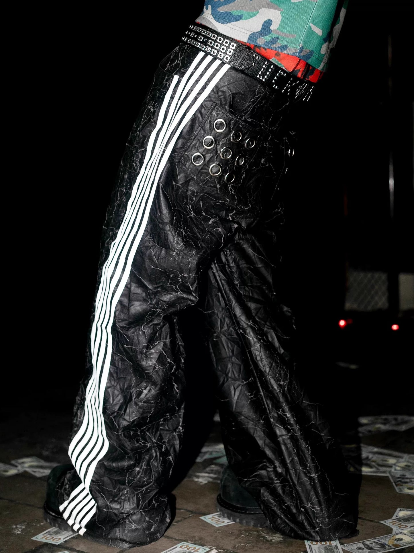 [99CLUB] Five Bar Pleated Cracked Faux Leather Pants
