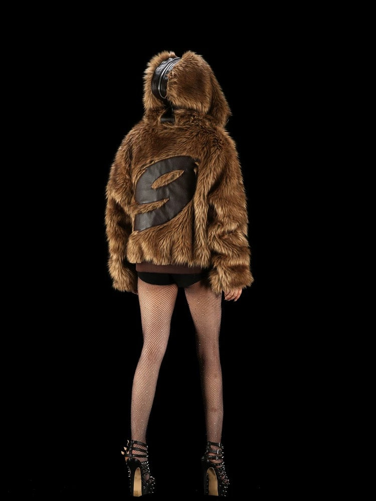 [99CLUB] Plush Faux Fur Patch Leather Jacket