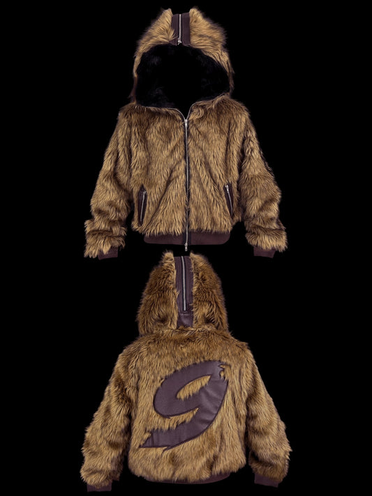 [99CLUB] Plush Faux Fur Patch Leather Jacket