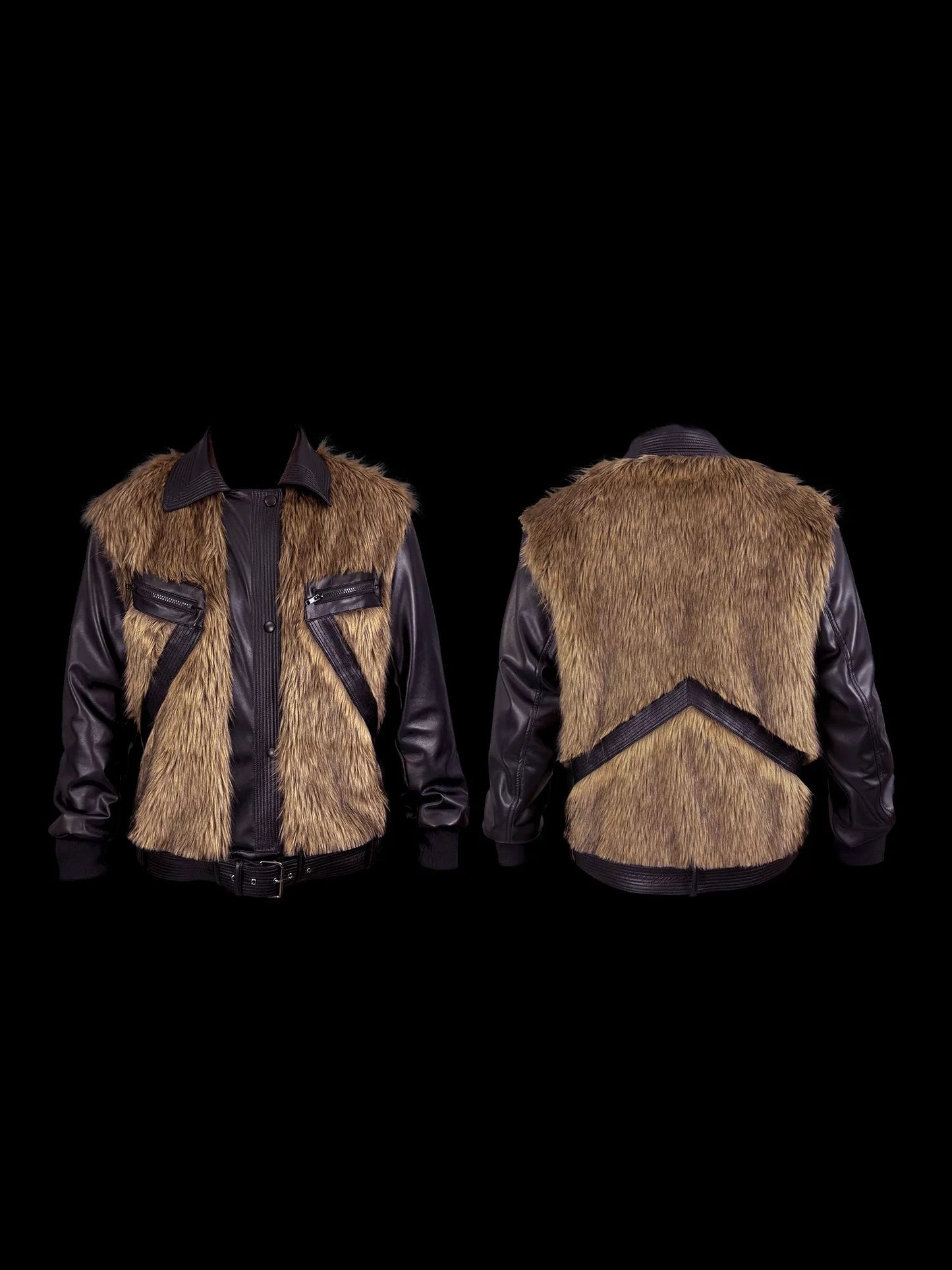 [99CLUB] Plush Faux Fur Patch Leather Jacket