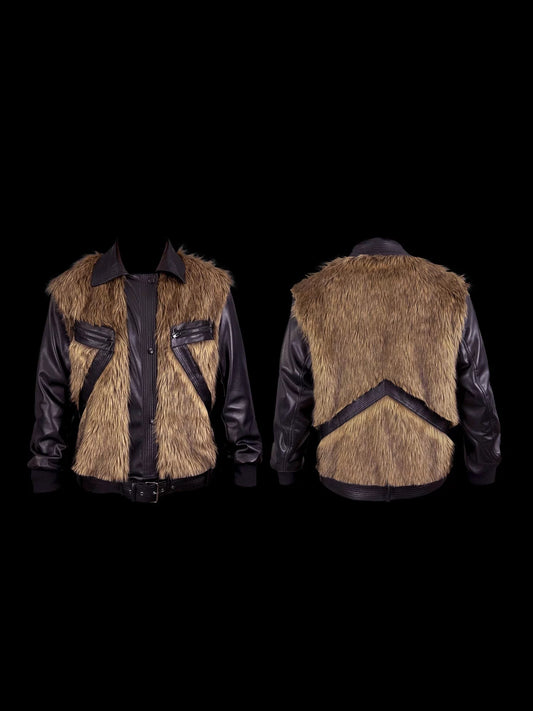 [99CLUB] Plush Faux Fur Patch Leather Jacket