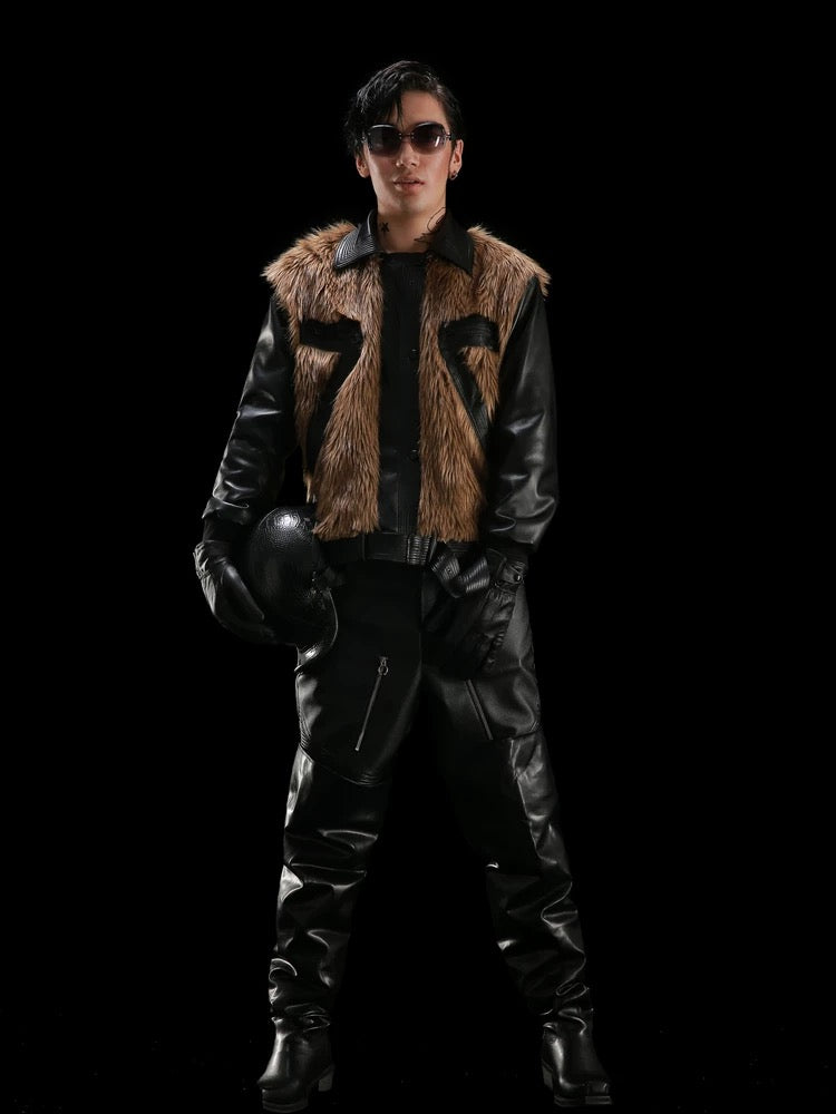 [99CLUB] Plush Faux Fur Patch Leather Jacket