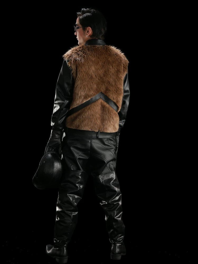 [99CLUB] Plush Faux Fur Patch Leather Jacket