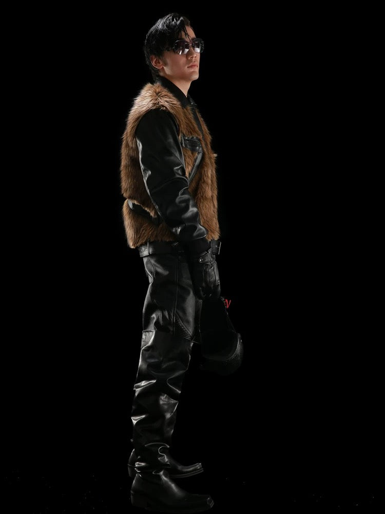 [99CLUB] Plush Faux Fur Patch Leather Jacket