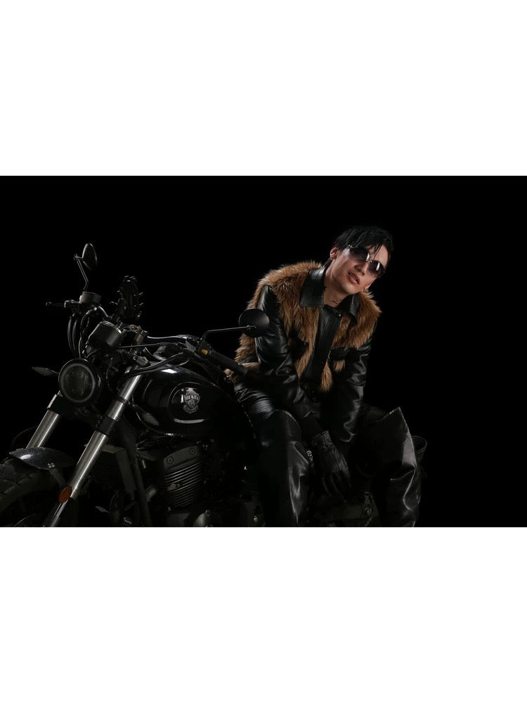 [99CLUB] Plush Faux Fur Patch Leather Jacket