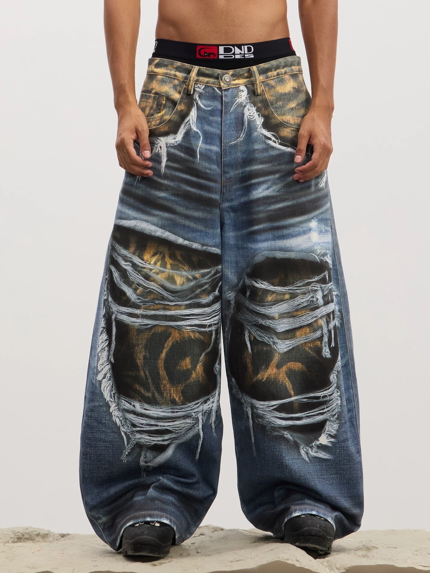 [DND4DES] Camouflage Layered Double Waist Baggy Jeans